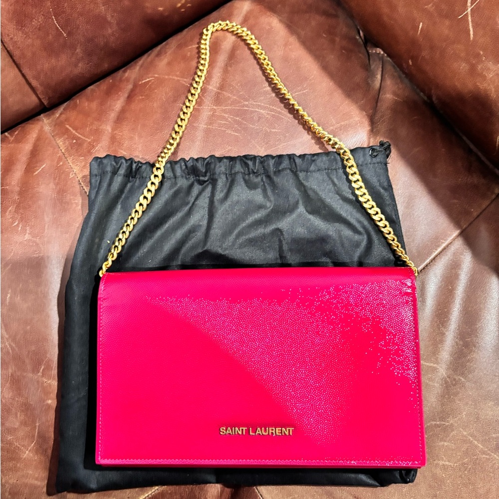 Authentic Saint Laurent Grain de Poudre Classic Letters Chain Wallet Fuchsia